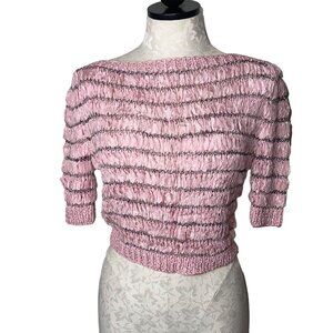Vintage Womens Top Size Small Pink Woven Ribbon Knit Boat Neck Stretch